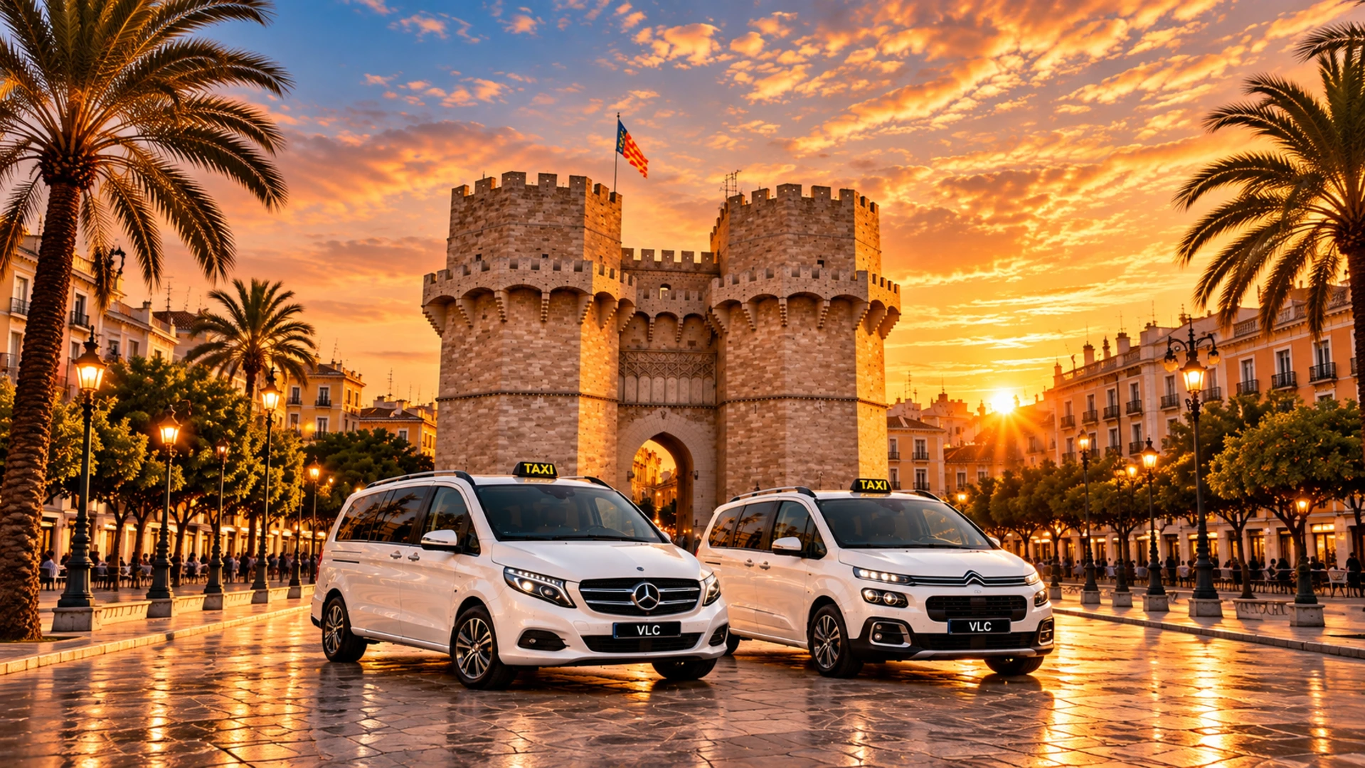Torres de Serranos y vehículos de VLC Transfer en Valencia